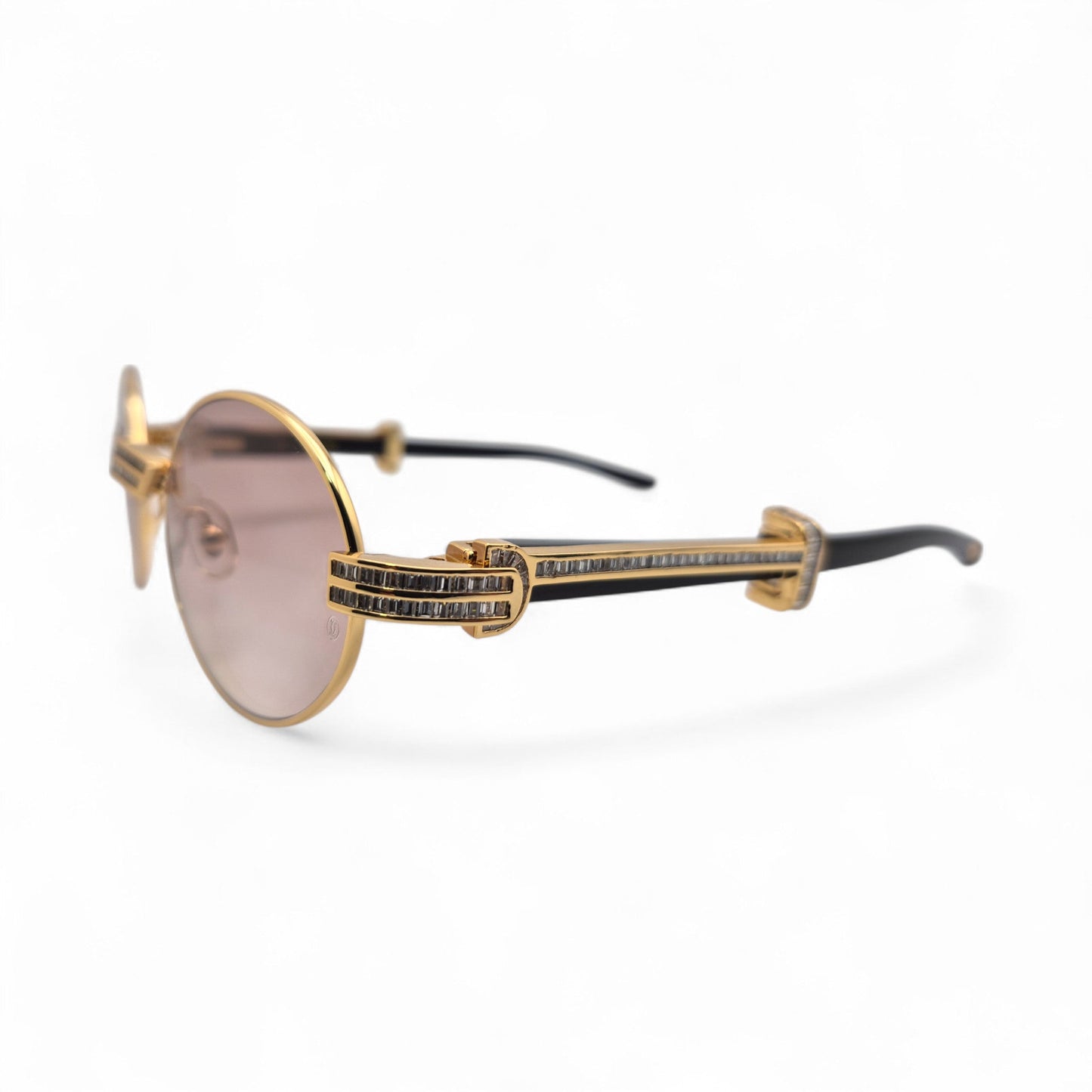 Giverny (Iced) - 55-22 Gold Genuine Horn Sunglasses w/ Brown Lenses & Baguette Diamonds Channel Set (90s) - Luxury Optical