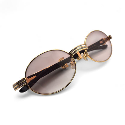 Giverny (Iced) - 55-22 Gold Genuine Horn Sunglasses w/ Brown Lenses & Baguette Diamonds Channel Set (90s) - Luxury Optical