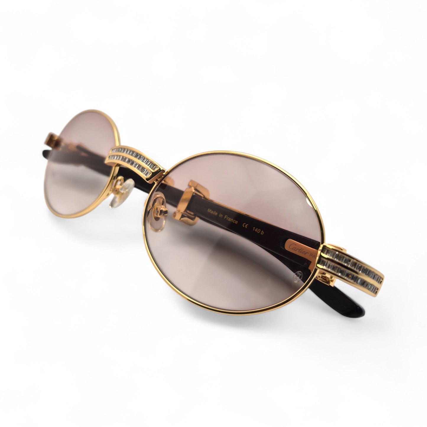 Giverny (Iced) - 55-22 Gold Genuine Horn Sunglasses w/ Brown Lenses & Baguette Diamonds Channel Set (90s) - Luxury Optical