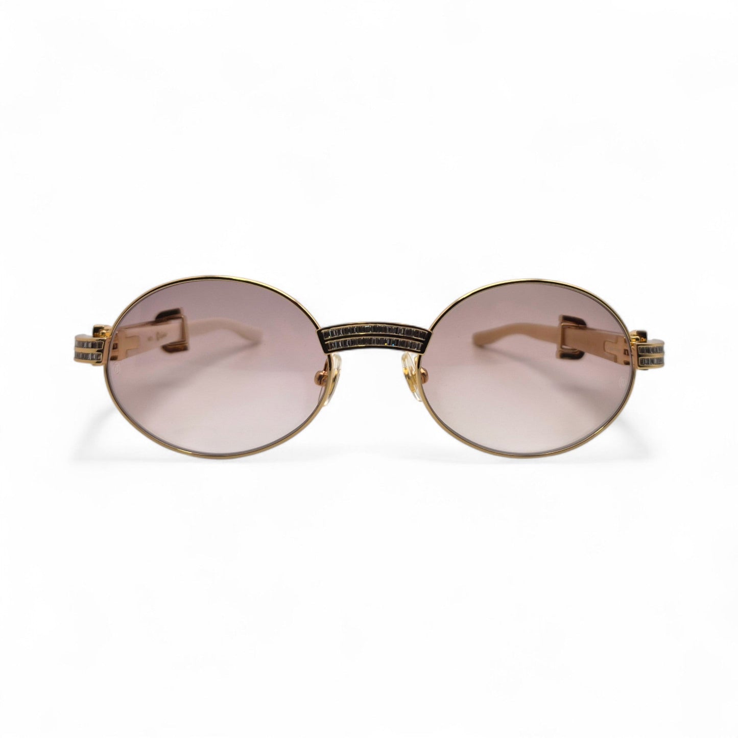Giverny (Iced) - 55-22 Gold Genuine Horn Sunglasses w/ Brown Lenses & Baguette Diamonds Channel Set (90s) - Luxury Optical