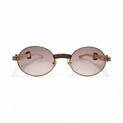 Giverny (Iced) - 55-22 Gold Genuine Horn Sunglasses w/ Brown Lenses & Baguette Diamonds Channel Set (90s) - Luxury Optical