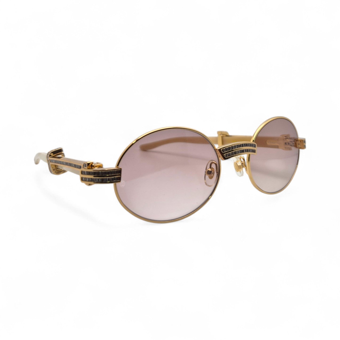 Giverny (Iced) - 55-22 Gold Genuine Horn Sunglasses w/ Brown Lenses & Baguette Diamonds Channel Set (90s) - Luxury Optical