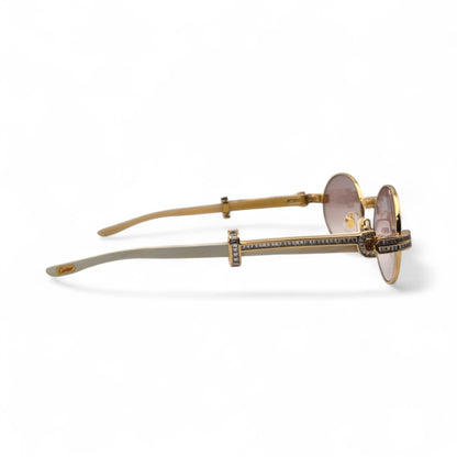 Giverny (Iced) - 55-22 Gold Genuine Horn Sunglasses w/ Brown Lenses & Baguette Diamonds Channel Set (90s) - Luxury Optical