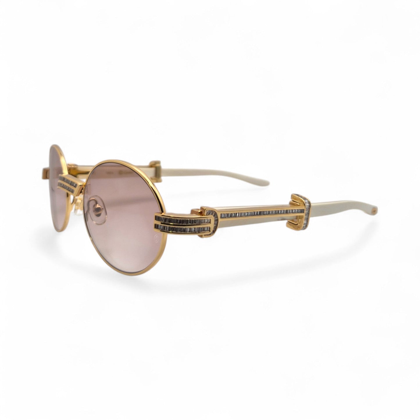 Giverny (Iced) - 55-22 Gold Genuine Horn Sunglasses w/ Brown Lenses & Baguette Diamonds Channel Set (90s) - Luxury Optical