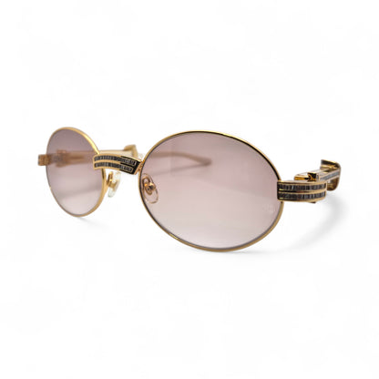 Giverny (Iced) - 55-22 Gold Genuine Horn Sunglasses w/ Brown Lenses & Baguette Diamonds Channel Set (90s) - Luxury Optical