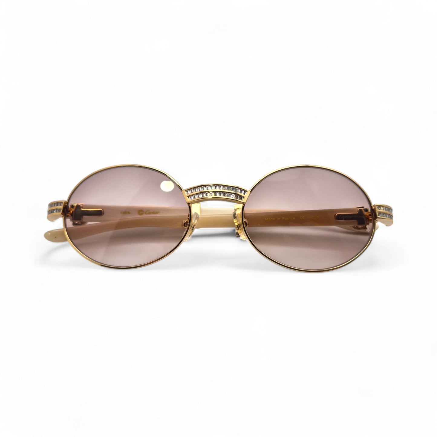 Giverny (Iced) - 55-22 Gold Genuine Horn Sunglasses w/ Brown Lenses & Baguette Diamonds Channel Set (90s) - Luxury Optical