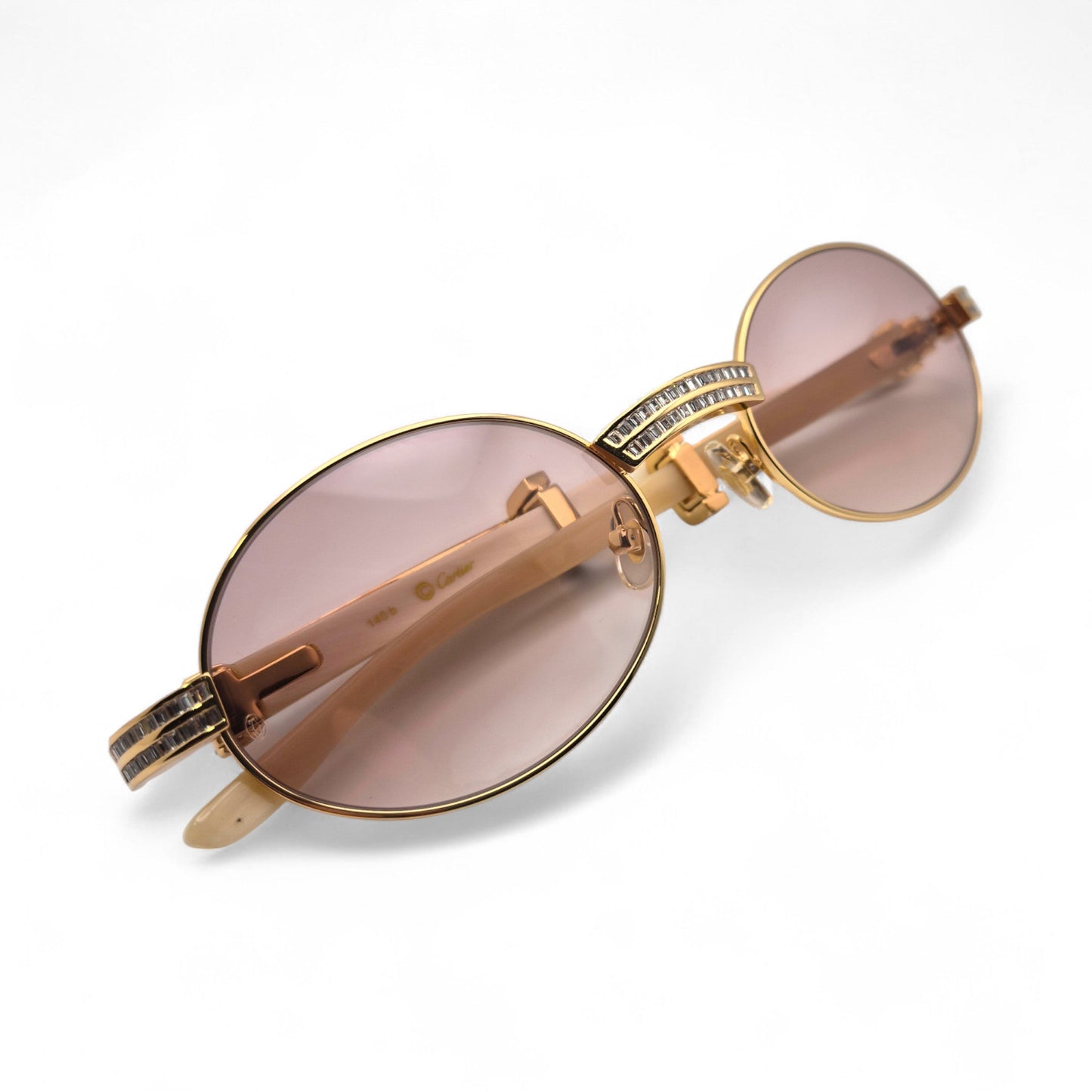 Giverny (Iced) - 55-22 Gold Genuine Horn Sunglasses w/ Brown Lenses & Baguette Diamonds Channel Set (90s) - Luxury Optical