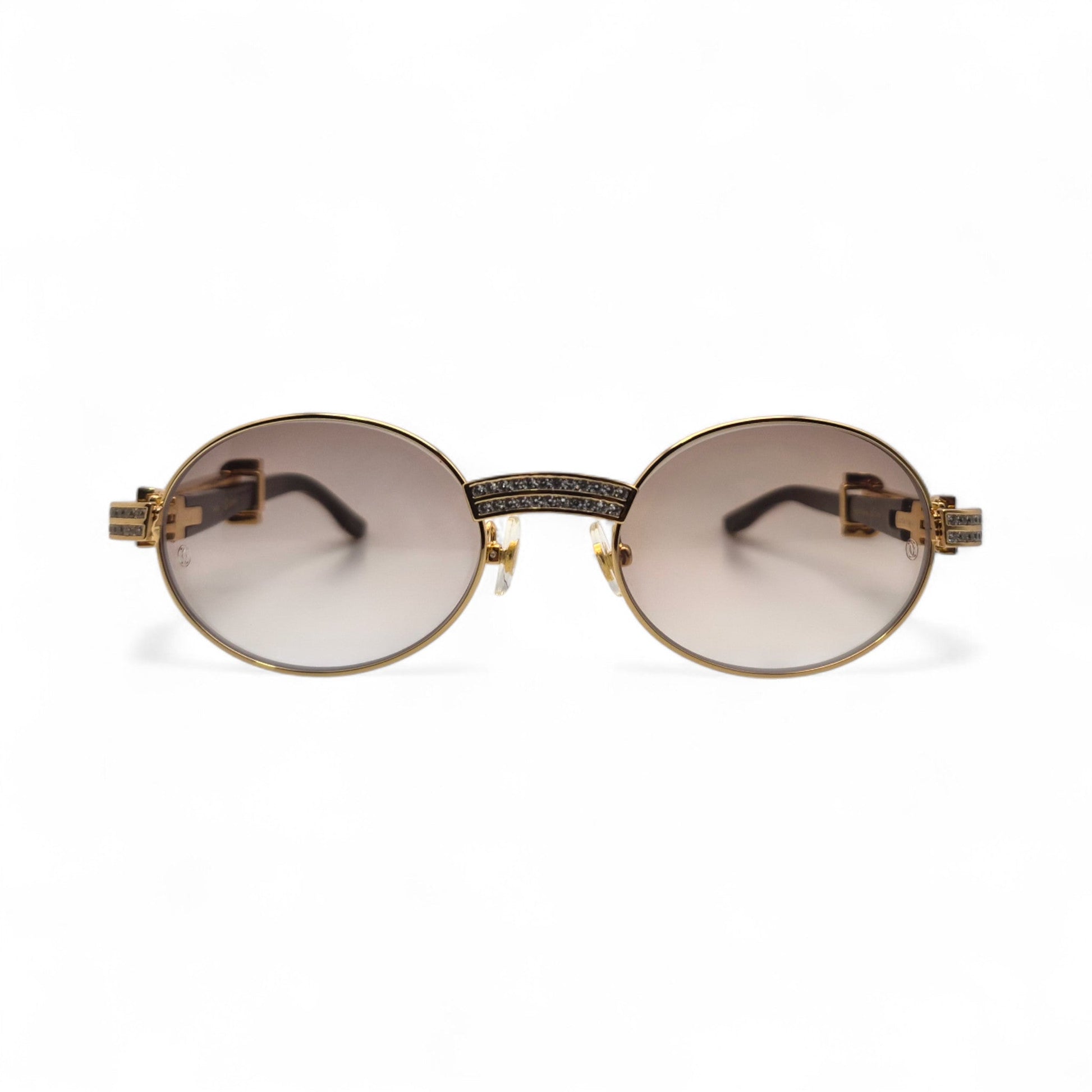 Giverny (Iced) - 55-22 Gold Genuine White Horn Sunglasses w/ Brown Lenses & Round Diamonds Channel Set (90s) - Luxury Optical