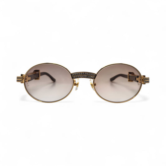 Giverny (Iced) - 55-22 Gold Genuine White Horn Sunglasses w/ Brown Lenses & Round Diamonds Channel Set (90s) - Luxury Optical