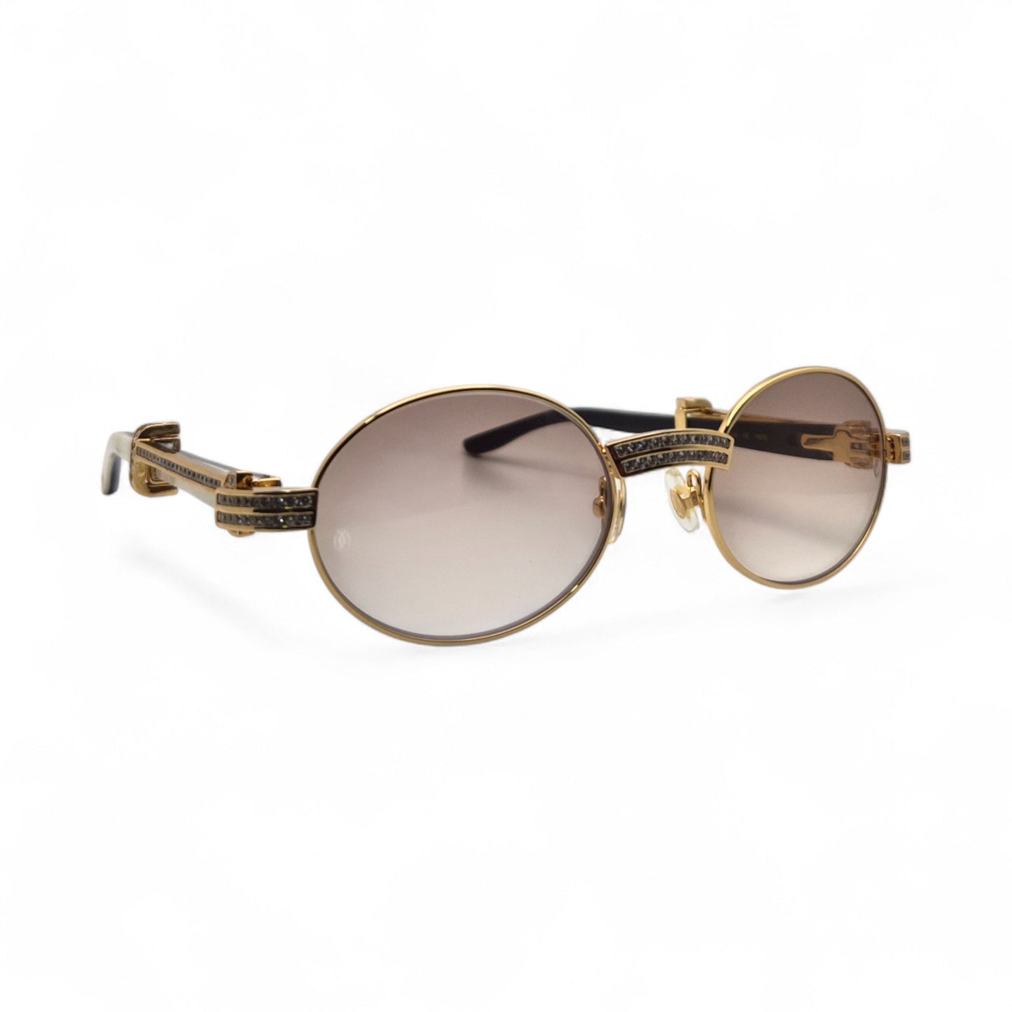 Giverny (Iced) - 55-22 Gold Genuine White Horn Sunglasses w/ Brown Lenses & Round Diamonds Channel Set (90s) - Luxury Optical