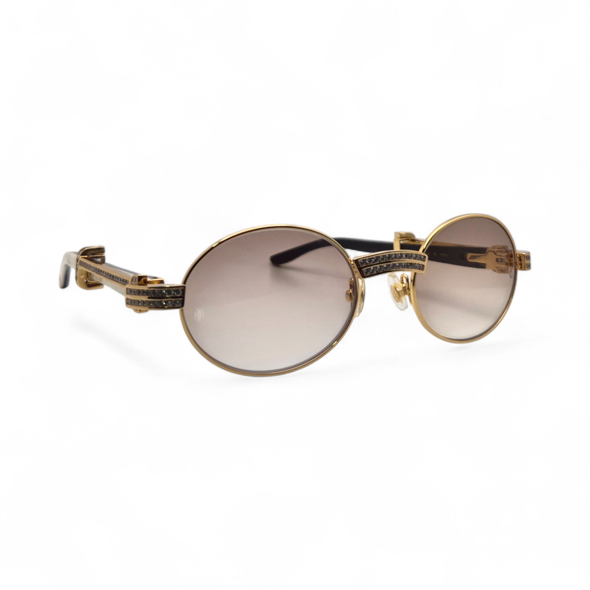 Giverny (Iced) - 55-22 Gold Genuine White Horn Sunglasses w/ Brown Lenses & Round Diamonds Channel Set (90s) - Luxury Optical