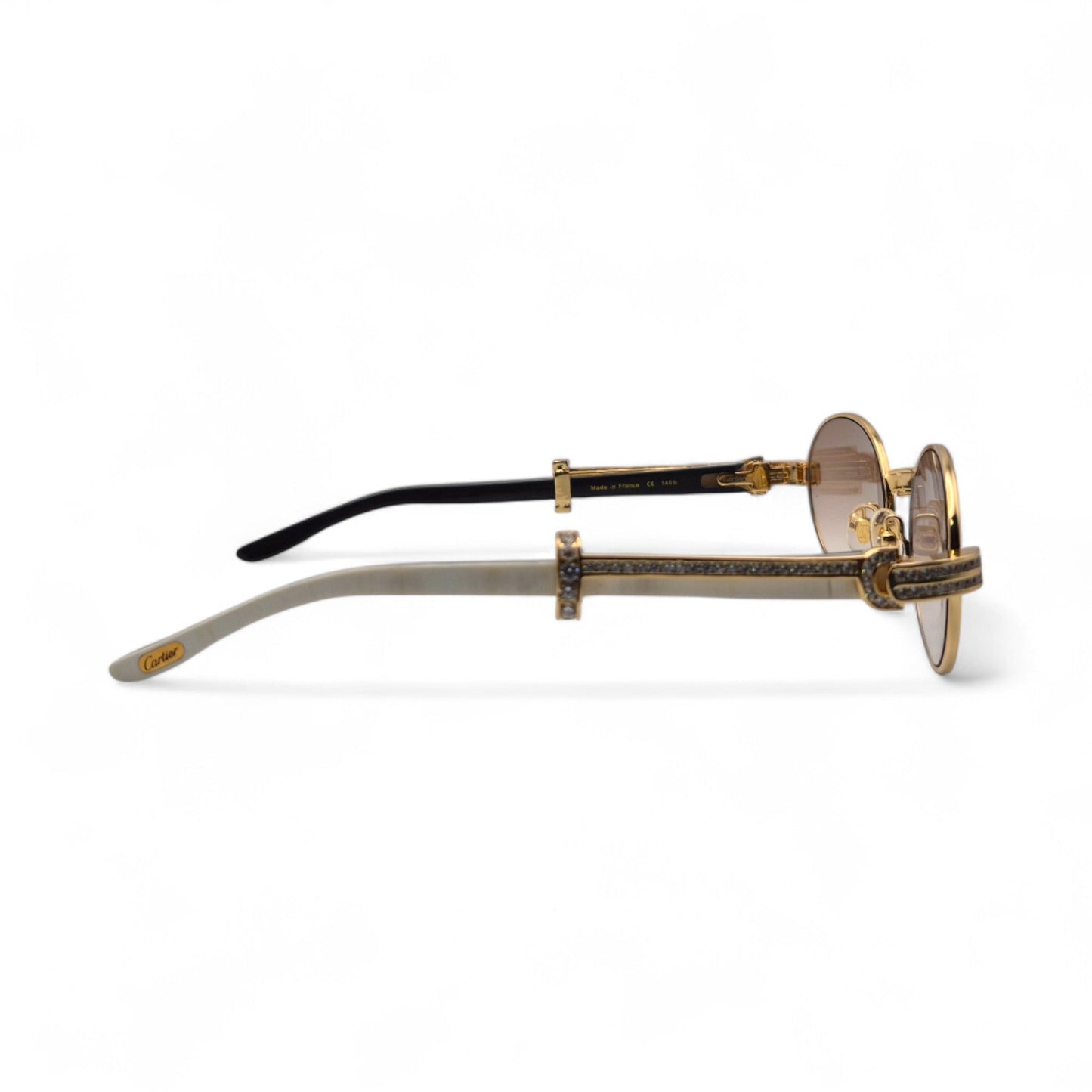 Giverny (Iced) - 55-22 Gold Genuine White Horn Sunglasses w/ Brown Lenses & Round Diamonds Channel Set (90s) - Luxury Optical