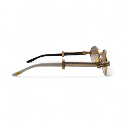 Giverny (Iced) - 55-22 Gold Genuine White Horn Sunglasses w/ Brown Lenses & Round Diamonds Channel Set (90s) - Luxury Optical