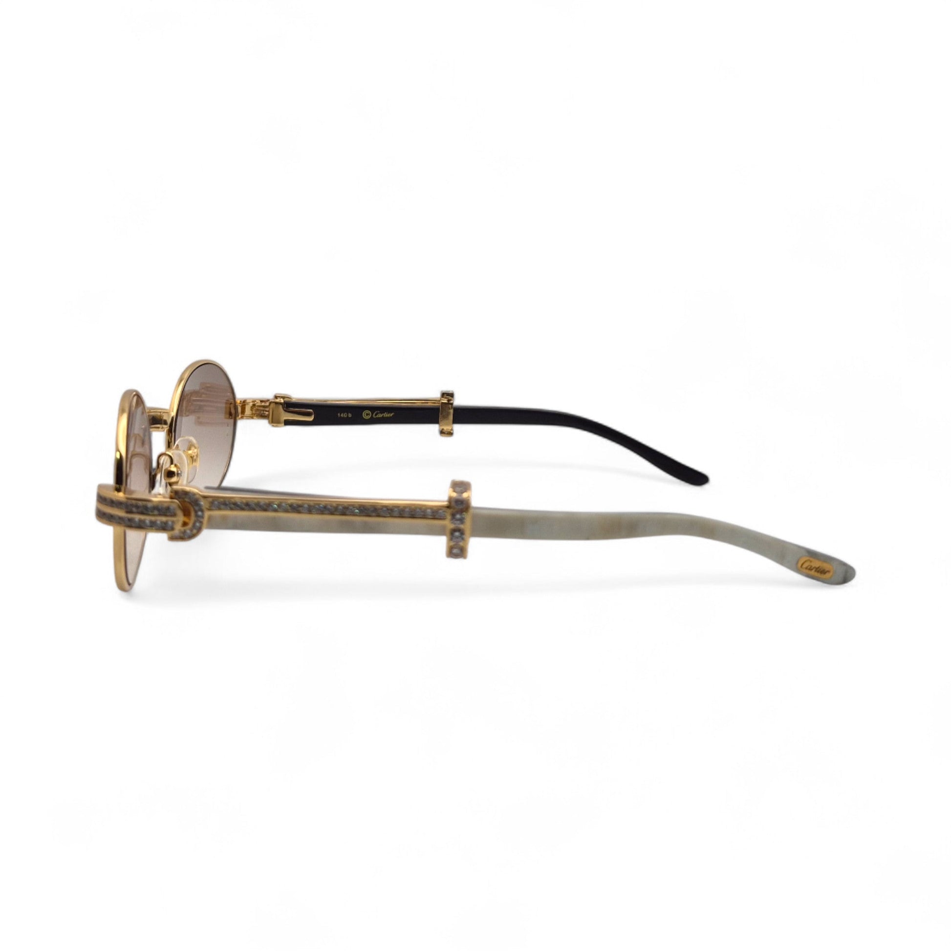 Giverny (Iced) - 55-22 Gold Genuine White Horn Sunglasses w/ Brown Lenses & Round Diamonds Channel Set (90s) - Luxury Optical