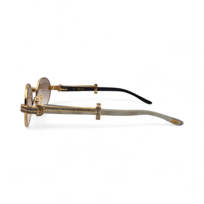 Giverny (Iced) - 55-22 Gold Genuine White Horn Sunglasses w/ Brown Lenses & Round Diamonds Channel Set (90s) - Luxury Optical