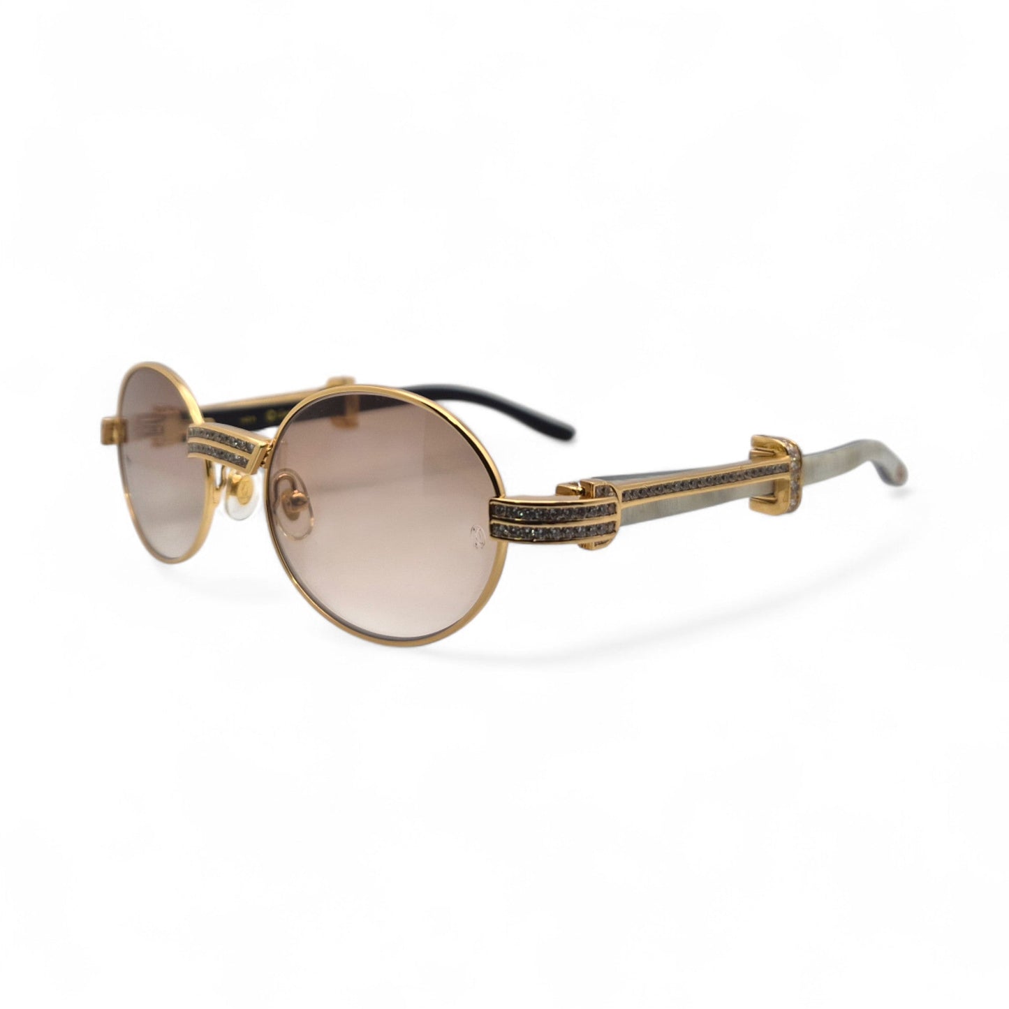 Giverny (Iced) - 55-22 Gold Genuine White Horn Sunglasses w/ Brown Lenses & Round Diamonds Channel Set (90s) - Luxury Optical