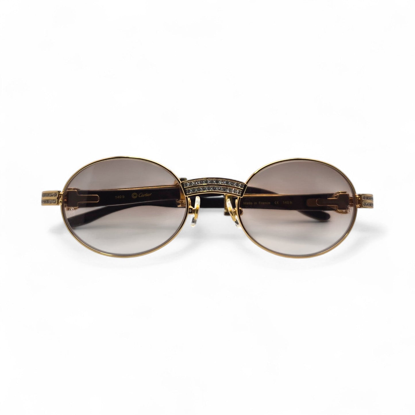Giverny (Iced) - 55-22 Gold Genuine White Horn Sunglasses w/ Brown Lenses & Round Diamonds Channel Set (90s) - Luxury Optical