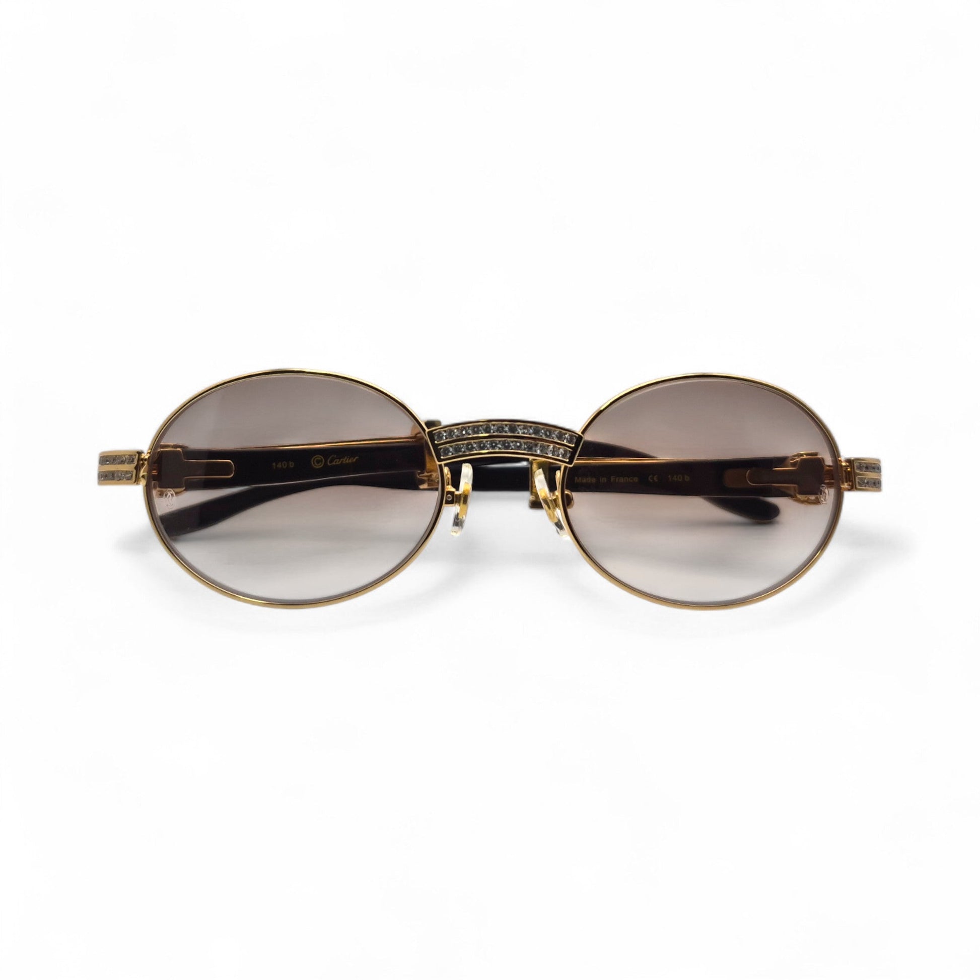 Giverny (Iced) - 55-22 Gold Genuine White Horn Sunglasses w/ Brown Lenses & Round Diamonds Channel Set (90s) - Luxury Optical