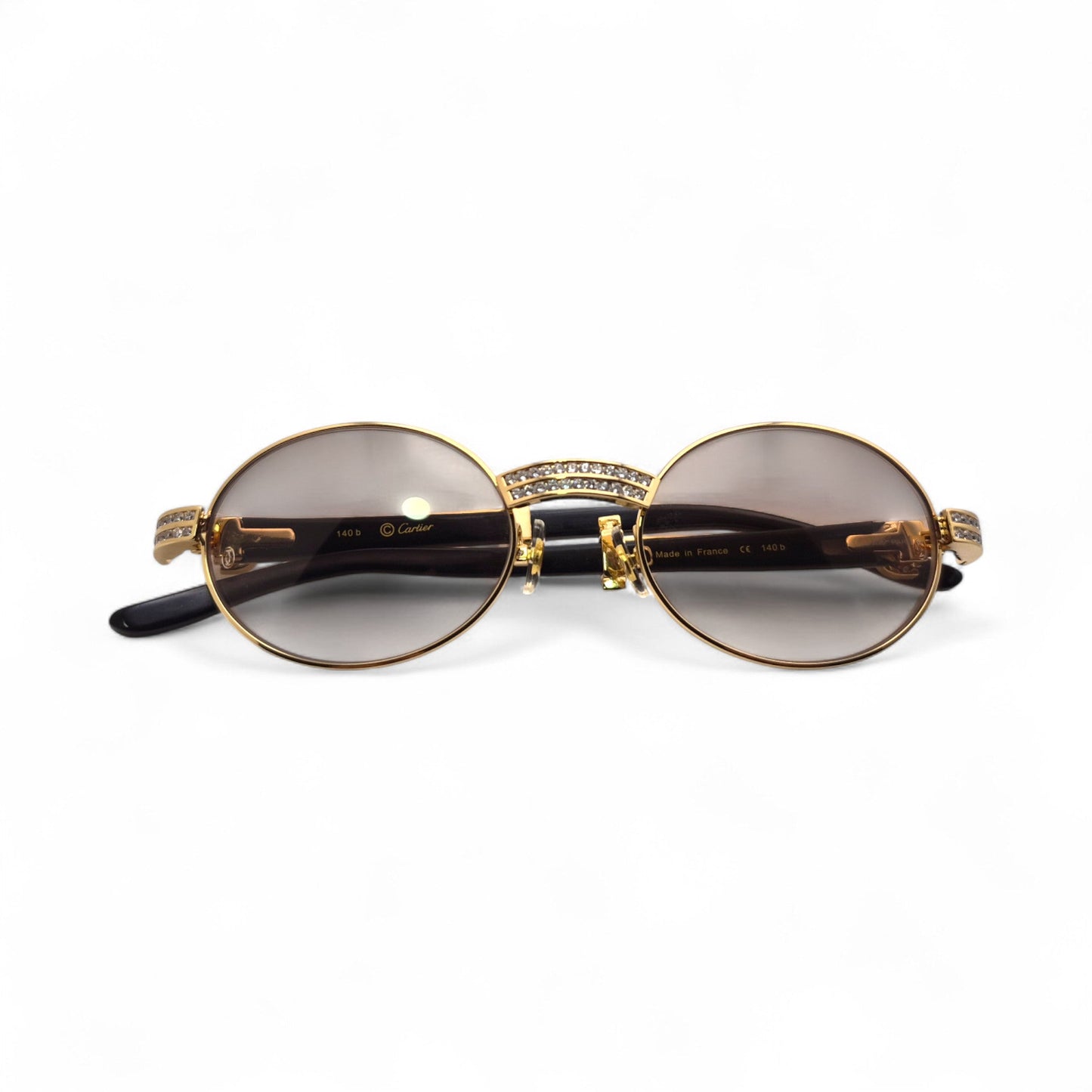 Giverny (Iced) - 55-22 Gold Genuine White Horn Sunglasses w/ Brown Lenses & Round Diamonds Channel Set (90s) - Luxury Optical