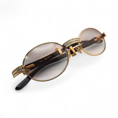 Giverny (Iced) - 55-22 Gold Genuine White Horn Sunglasses w/ Brown Lenses & Round Diamonds Channel Set (90s) - Luxury Optical