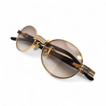 Giverny (Iced) - 55-22 Gold Genuine White Horn Sunglasses w/ Brown Lenses & Round Diamonds Channel Set (90s) - Luxury Optical