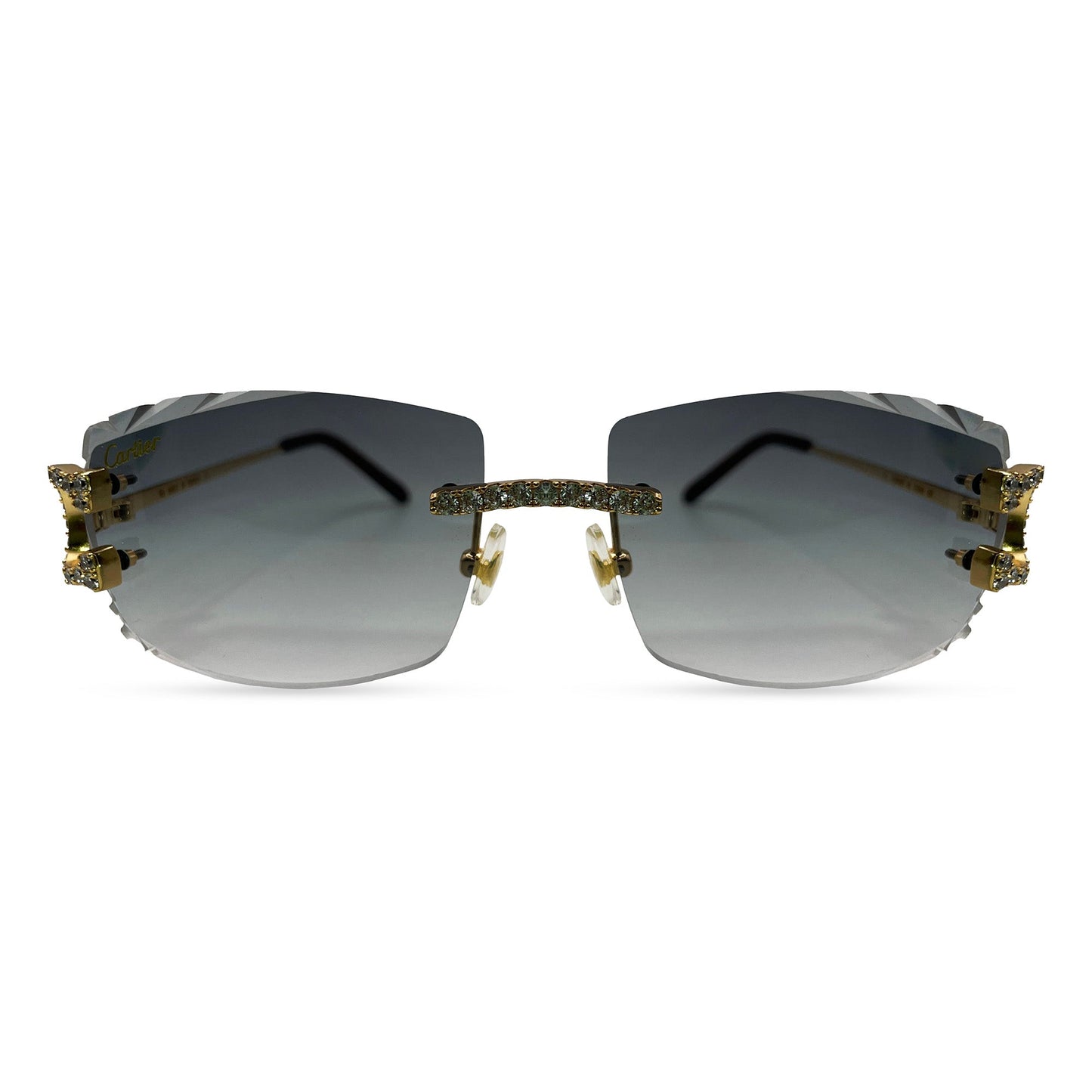 Big C Decor (Iced - Diamond Cut) - Gold Wires Sunglasses w/ Dark Gray Lenses - 3pc Diamonds Prong Set (2010s) - Luxury Optical