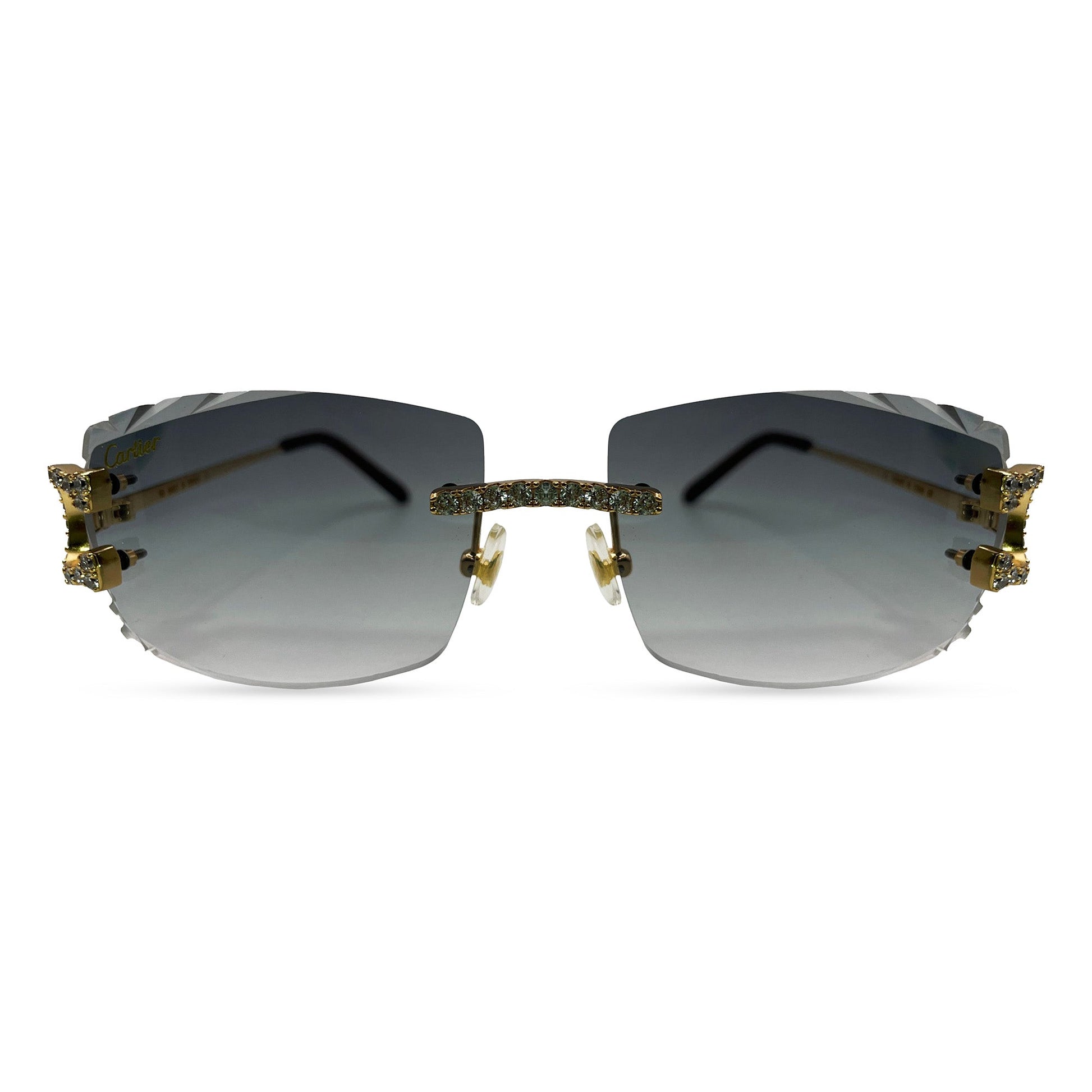 Big C Decor (Iced - Diamond Cut) - Gold Wires Sunglasses w/ Dark Gray Lenses - 3pc Diamonds Prong Set (2010s) - Luxury Optical