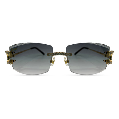 Big C Decor (Iced - Diamond Cut) - Gold Wires Sunglasses w/ Dark Gray Lenses - 3pc Diamonds Prong Set (2010s) - Luxury Optical