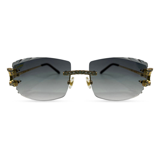 Big C Decor (Iced - Diamond Cut) - Gold Wires Sunglasses w/ Dark Gray Lenses - 3pc Diamonds Prong Set (2010s) - Luxury Optical