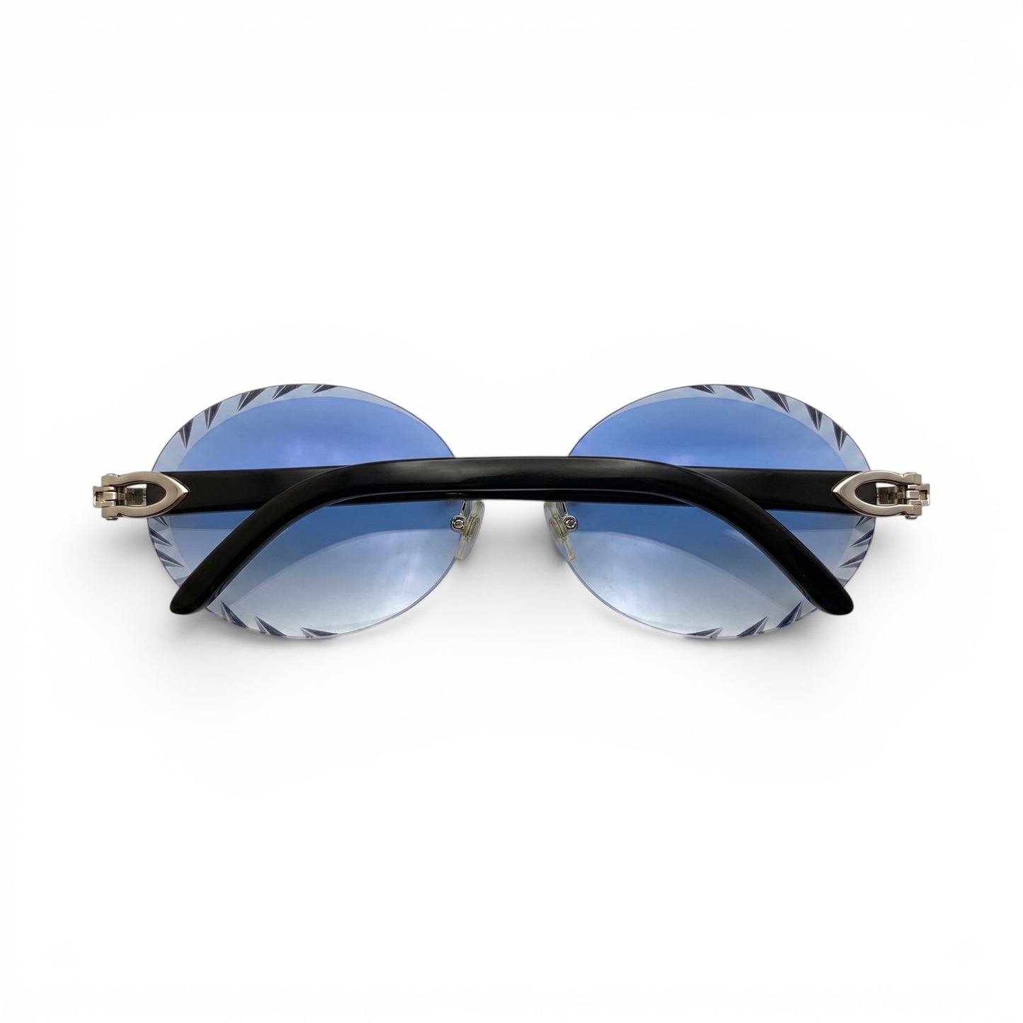 C Decor Buffs - Silver Black Genuine Horn Sunglasses w/ Circle Blue Lenses (Diamond Cut)