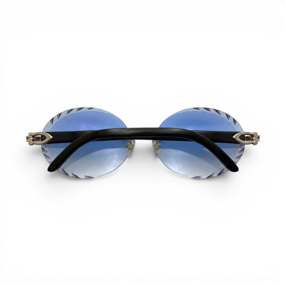 C Decor Buffs - Silver Black Genuine Horn Sunglasses w/ Circle Blue Lenses (Diamond Cut)