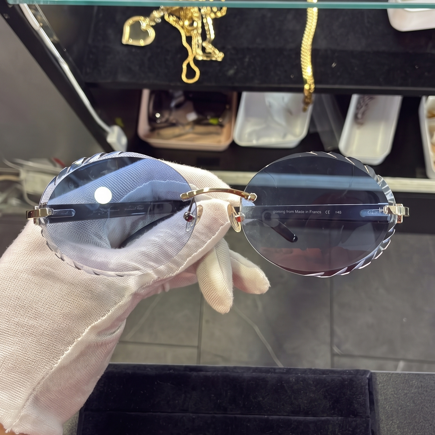 C Decor Buffs - Silver Black Genuine Horn Sunglasses w/ Circle Blue Lenses (Diamond Cut)