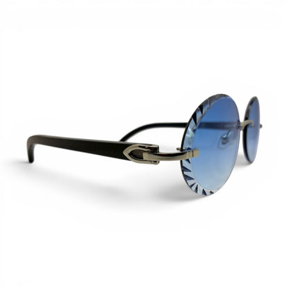 C Decor Buffs - Silver Black Genuine Horn Sunglasses w/ Circle Blue Lenses (Diamond Cut)