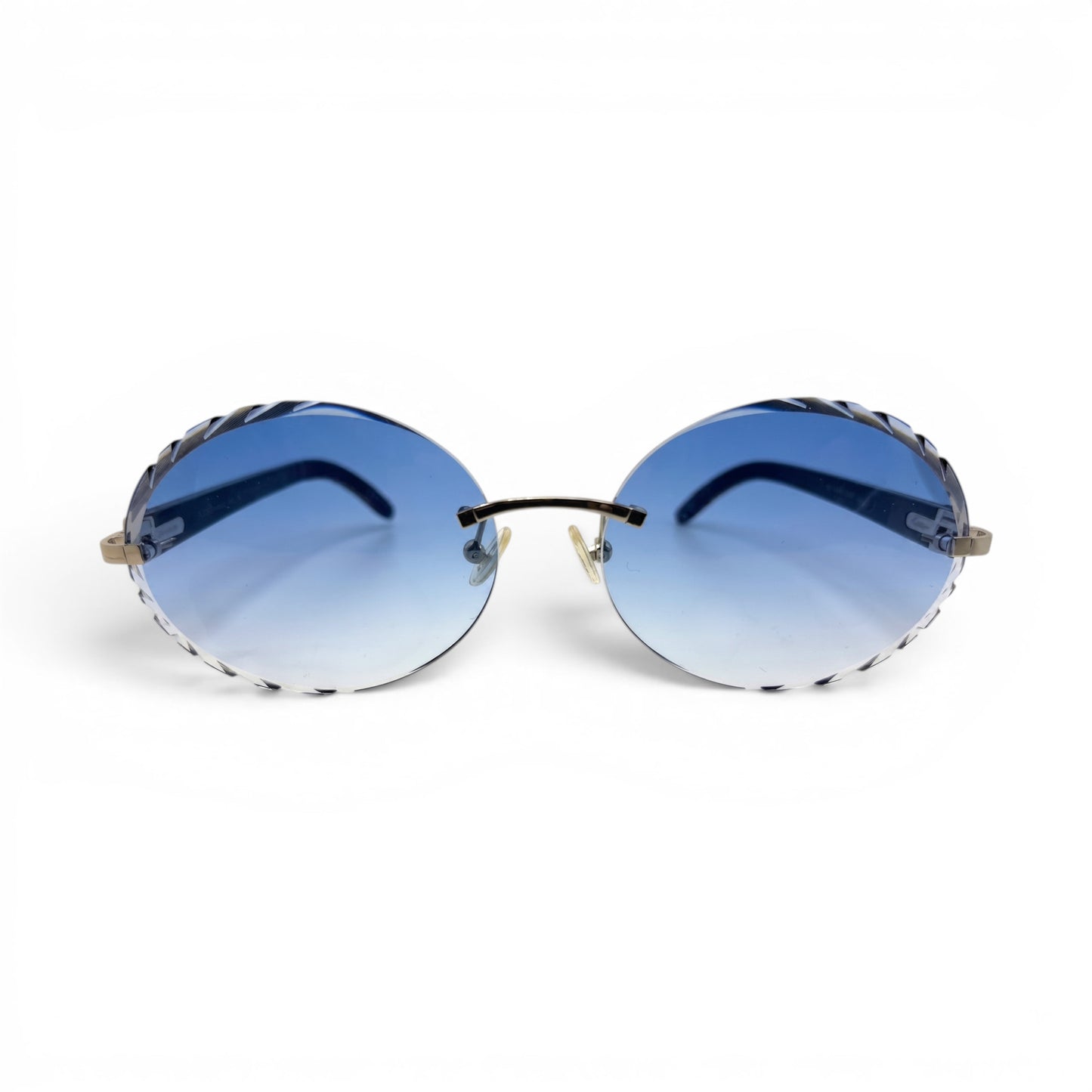 C Decor Buffs - Silver Black Genuine Horn Sunglasses w/ Circle Blue Lenses (Diamond Cut)