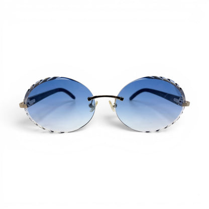 C Decor Buffs - Silver Black Genuine Horn Sunglasses w/ Circle Blue Lenses (Diamond Cut)
