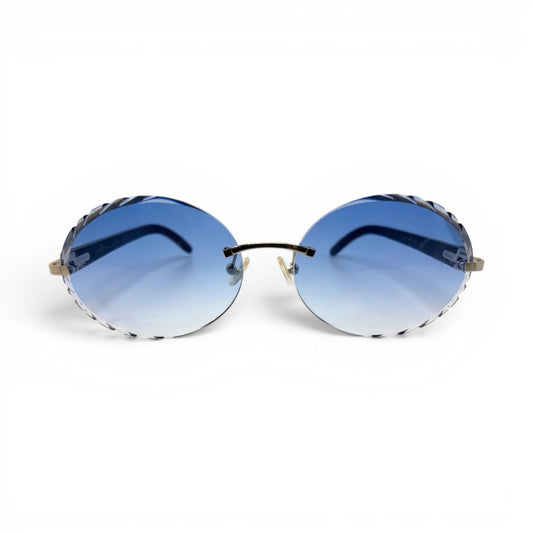 C Decor Buffs - Silver Black Genuine Horn Sunglasses w/ Circle Blue Lenses (Diamond Cut)