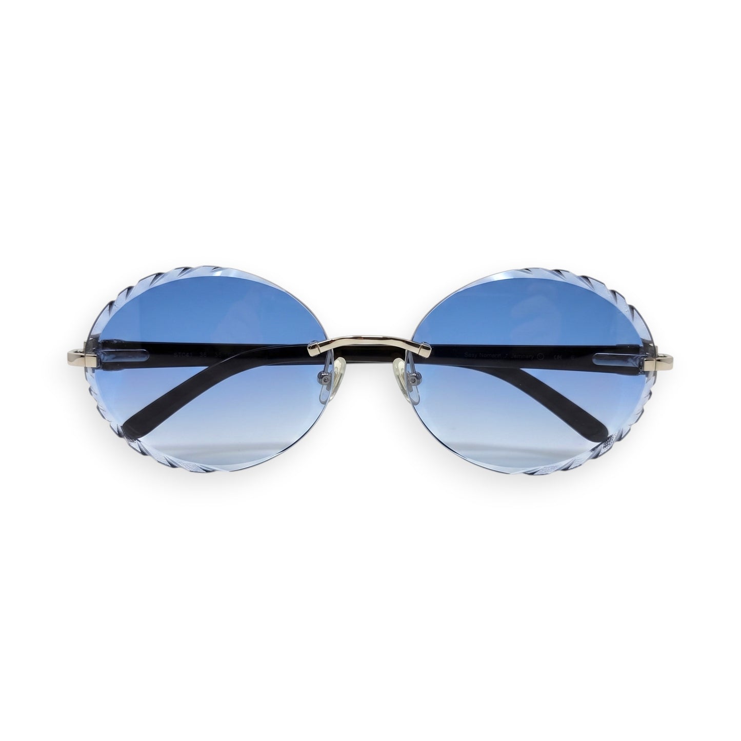 C Decor Buffs - Silver Black Genuine Horn Sunglasses w/ Circle Blue Lenses (Diamond Cut)
