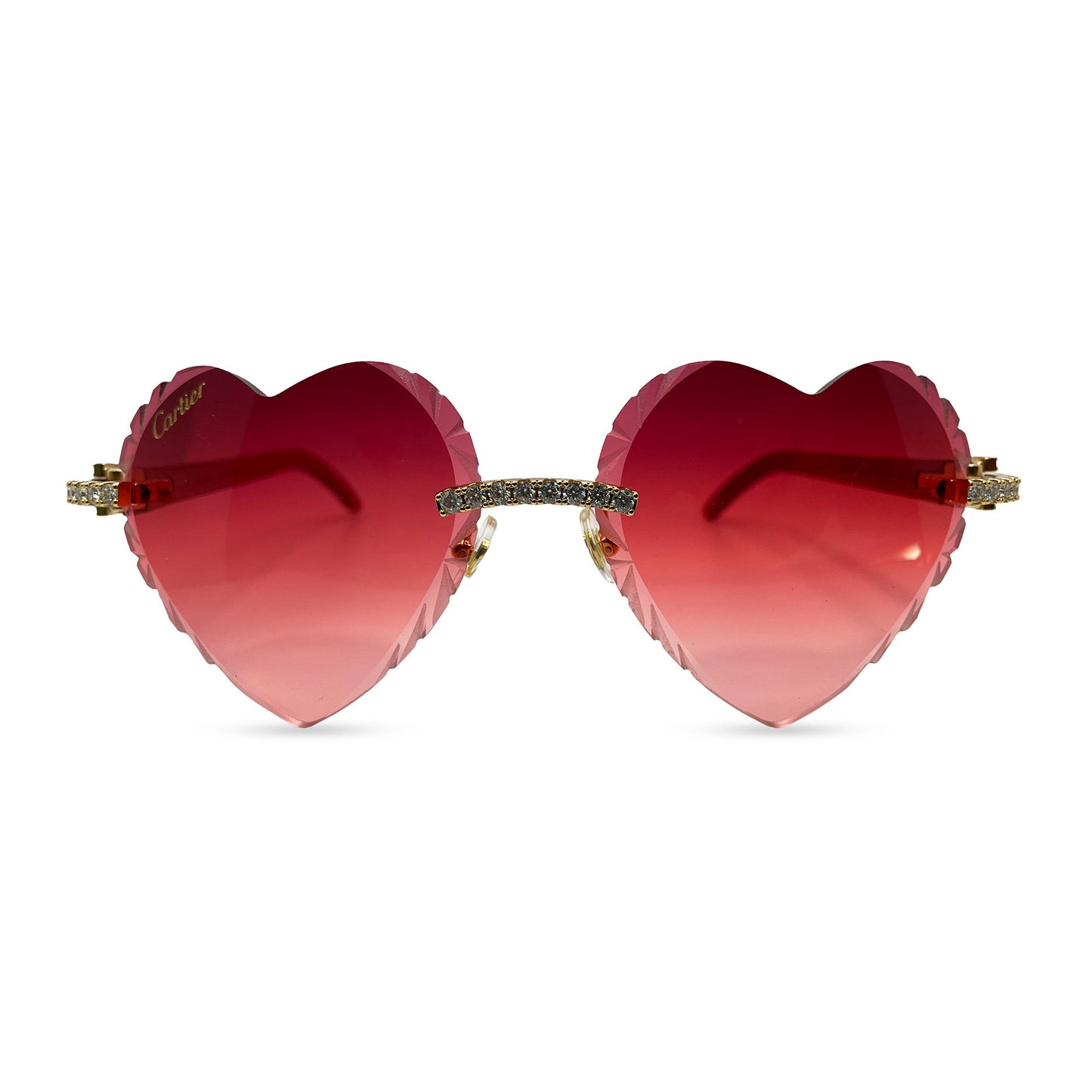 C Decor Woods (Iced w/ Diamond Cut) - Gold Red Woods Sunglasses w/ Raspberry Red Heart Lenses - Diamonds Prong Set (2020s) - Luxury Optical