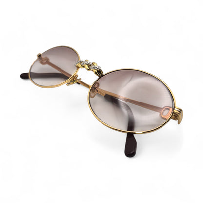Saint Honore (Iced) 55-22 Gold Wires w/ Brown Oval Lenses - Genuine Diamonds X-Link Bridge (90s)