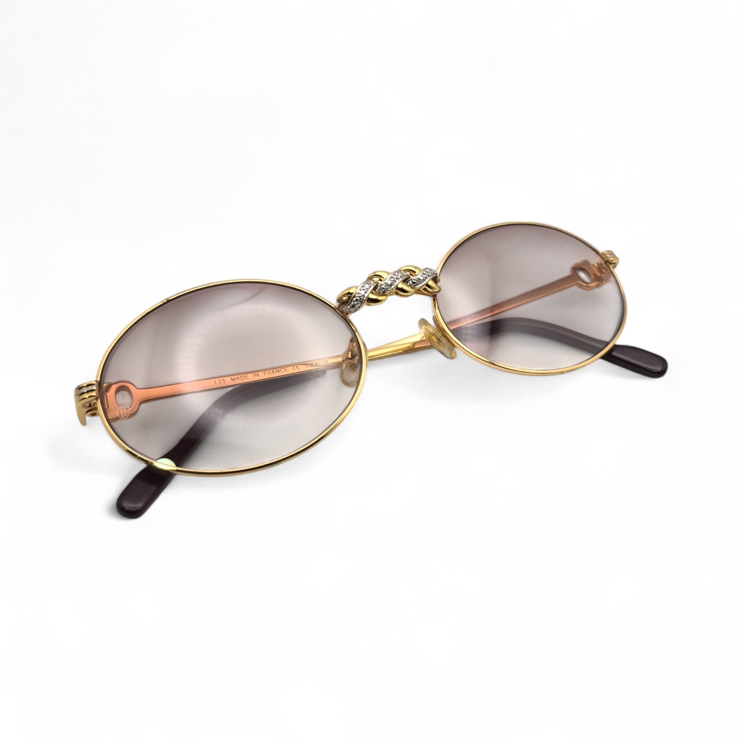 Saint Honore (Iced) 55-22 Gold Wires w/ Brown Oval Lenses - Genuine Diamonds X-Link Bridge (90s)