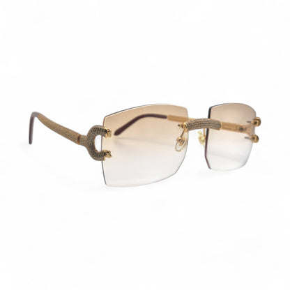 Big C Decor (Iced) - Gold Wires Sunglasses w/ Light Hennessy Brown Bugati Lenses - 5pc Diamonds Micropave Set (2010s) - Luxury Optical