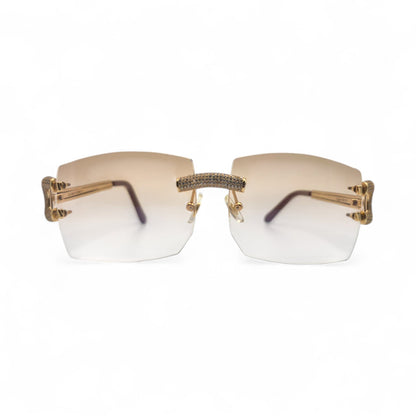 Big C Decor (Iced) - Gold Wires Sunglasses w/ Light Hennessy Brown Bugati Lenses - 5pc Diamonds Micropave Set (2010s) - Luxury Optical