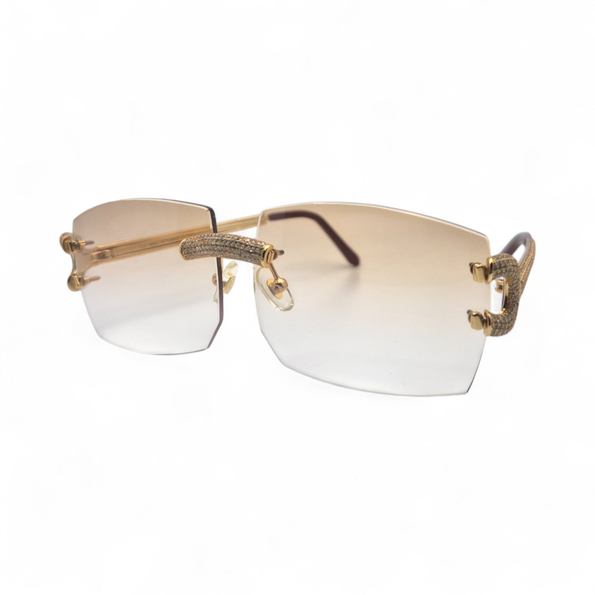 Big C Decor (Iced) - Gold Wires Sunglasses w/ Light Hennessy Brown Bugati Lenses - 5pc Diamonds Micropave Set (2010s) - Luxury Optical