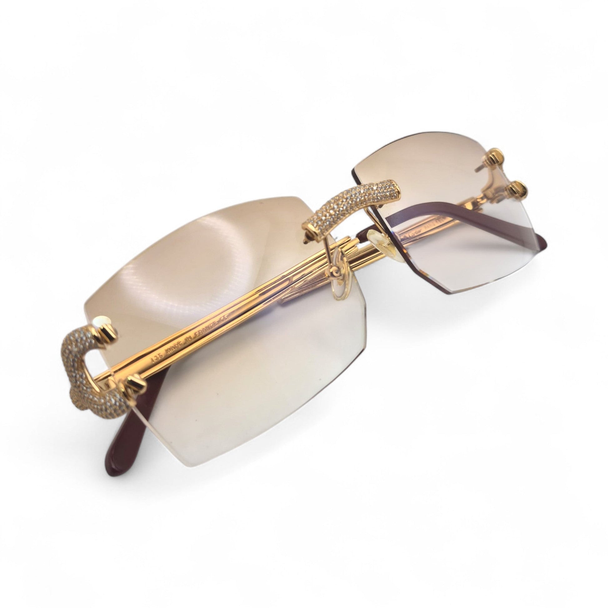 Big C Decor (Iced) - Gold Wires Sunglasses w/ Light Hennessy Brown Bugati Lenses - 5pc Diamonds Micropave Set (2010s) - Luxury Optical