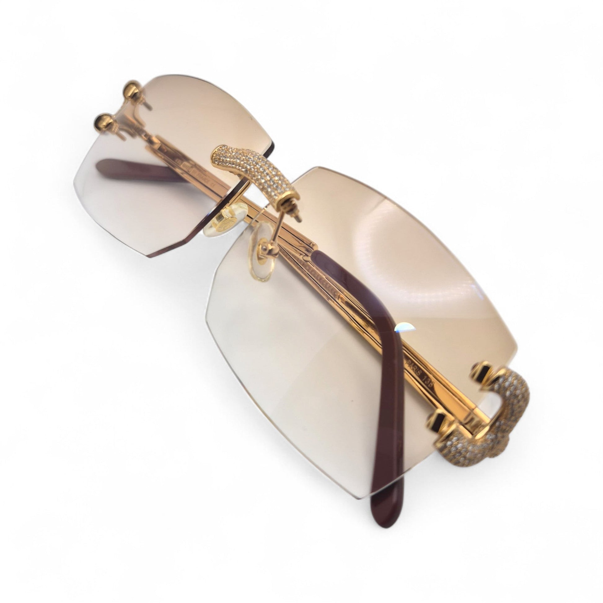 Big C Decor (Iced) - Gold Wires Sunglasses w/ Light Hennessy Brown Bugati Lenses - 5pc Diamonds Micropave Set (2010s) - Luxury Optical