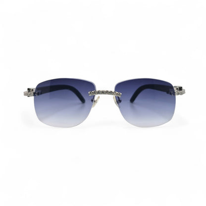 C Decor Woods (Iced - Moissanite) - Silver Blue Woods Sunglasses w/ Moissanite Diamonds Double Row Set (2020s) - Luxury Optical