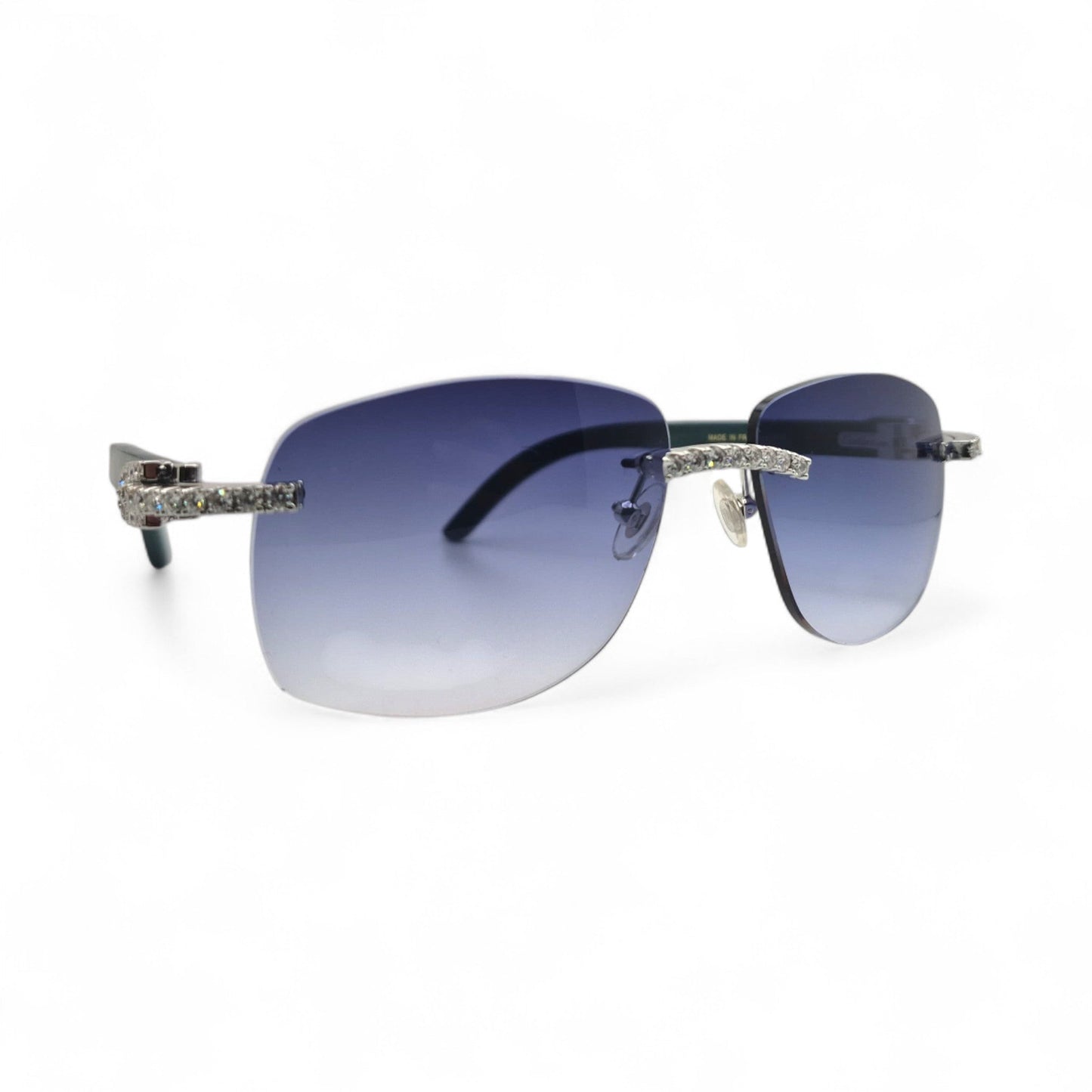 C Decor Woods (Iced - Moissanite) - Silver Blue Woods Sunglasses w/ Moissanite Diamonds Double Row Set (2020s) - Luxury Optical