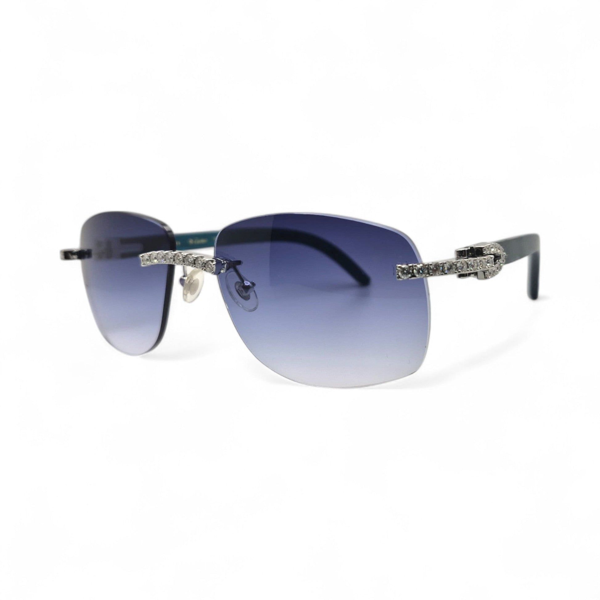 C Decor Woods (Iced - Moissanite) - Silver Blue Woods Sunglasses w/ Moissanite Diamonds Double Row Set (2020s) - Luxury Optical