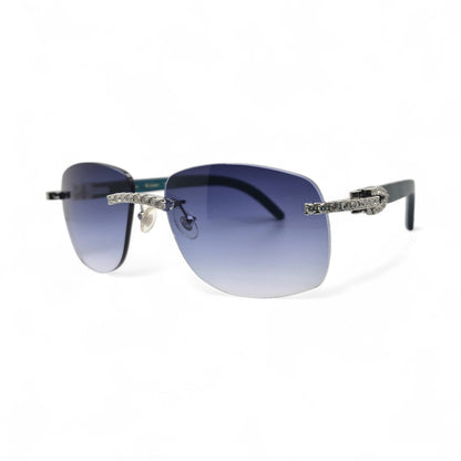 C Decor Woods (Iced - Moissanite) - Silver Blue Woods Sunglasses w/ Moissanite Diamonds Double Row Set (2020s) - Luxury Optical
