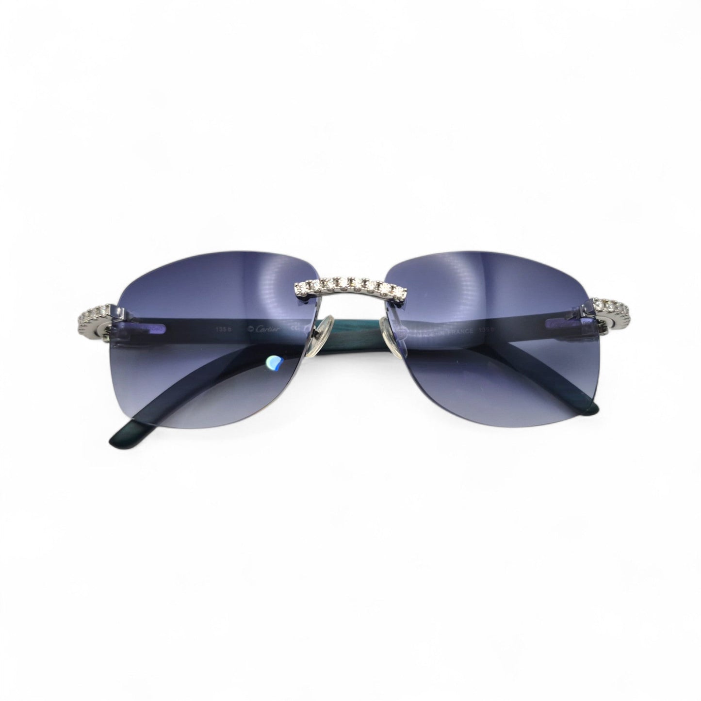 C Decor Woods (Iced - Moissanite) - Silver Blue Woods Sunglasses w/ Moissanite Diamonds Double Row Set (2020s) - Luxury Optical